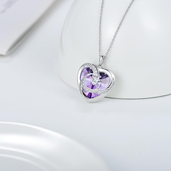 Birthstone Moon and Star Necklace Women 925 Sterling Silver Heart Crystal Gift - Picture 6 of 7